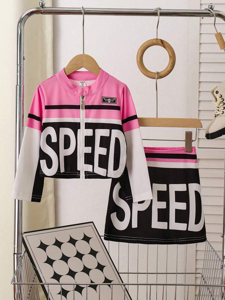 Conjunto de falda y blusa de manga larga con diseño de bloques de color y estampado de letras para niña joven en primavera/otoño - Rosa - Ver 1