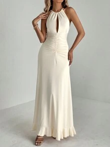 SHEIN Tall Women's Valentine's Day Bodycon Dress With Waist Ruched Detail, Ruffle Hem And Long Length, Perfect For Date Night