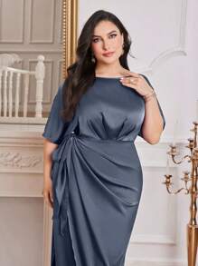 Modelyn Plus Size Women's Elegant Solid Color Round Neck Batwing Sleeves Side Knot Long Dress, Summer Long Evening Dresses - Dusty Blue - View 4