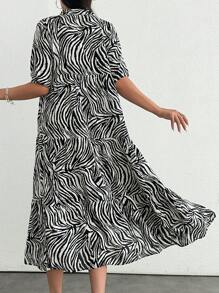 RueChic Smoke Dress With Zebra Pattern And Ruffle Hem, Short Sleeves, V Neck - Black - View 2