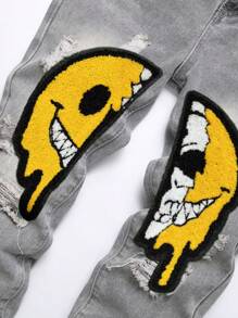 Men Cartoon Patched Ripped Slim Straight Jeans, For Halloween - Grey - View 4