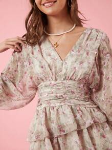 Enchnt 女裝短款花卉印花V領提花袖褶皺腰帶裙，春夏款 - 杏色 - 查看 7