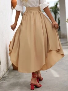 SHEIN Clasi Falda de cintura con cinturón de unicolor para mujer con abertura en el muslo - Caqui - Ver 2