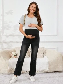 SHEIN 孕婦可調腰休閒喇叭牛仔褲，多功能 - 黑色 - 查看 6