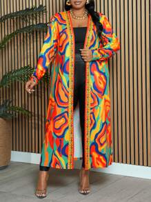 Slaydiva Plus Size Women's Casual Abstract Geometric Water Ripple Print Long Sleeve Cardigan For Going Out - Multicolor - View 3