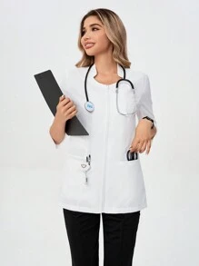 TaskEZ Áo khoác đồng phục y tá màu trơn có túi đôi - trắng - Xem 10
