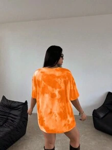 Flirla Plus Size Digital Tie-Dyeing Printed Women's Round Neck Drop Shoulder Sleeve T-Shirt With Motorcycle, Letter And Car Pattern Graphic Tees Women Tops, For Summer - Orange - View 2