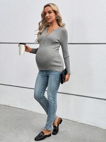 SHEIN Maternity Spring/Autumn Casual Solid Color Half-Zip Slim Fit Sweater, For Winter