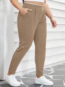 SHEIN Essnce Plus Size Women's Solid Color Simple Daily Pants - Khaki - View 4