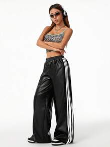 Coolane Women's  Streetwear Casual Leather Banded Texture Decoration Wide Leg Pants,Back To School Clothes,Black Leather Pants - Black - View 6