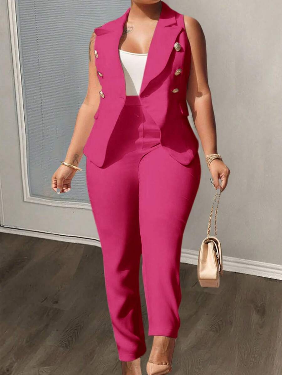 Slaydiva Plus Size Suit Vest & Full-Length Pants Solid Color Two-Piece Set - Pink - View 1
