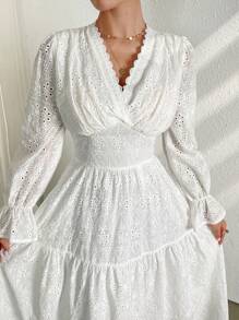 Modelyn Đầm dài tay mùa hè thêu khoét cổ chữ V màu trơn cho nữ, váy đi nghỉ/hàng ngày thoải mái giản dị - trắng - Xem 6