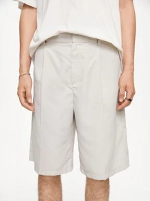 Chillumni Nam Màu Trơn Vừa Vặn Vừa Vặn Quần Short Xếp Ly Thường Ngày Quần Baggy Đi Học Quần Kaki - Xám - Xem 4