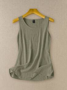 EMERY ROSE Áo thun cổ tròn không tay bằng vải lanh mùa hè dành cho nữ - xanh quân đội - Xem 1