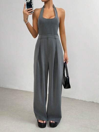 SHEIN EZwear 夏季單色無袖背帶連身褲