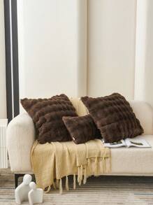 1个咖啡棕色仿兔毛装饰枕套（不含枕芯），现代法兰绒绒面枕套，带拉链封口，适用于家居、沙发、客厅 - 咖啡棕 - 查看 2