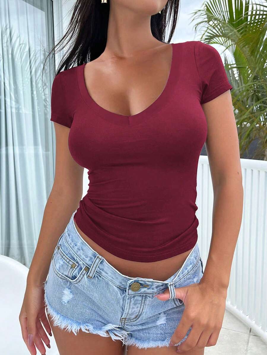 Women's Summer Solid Color V-Neck Short Sleeve Sexy Cinched Waist Y2K Fitted T-Shirt - Burgundy - View 1