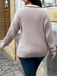 SHEIN LUNE Plus Size Women's Solid Color Simple Daily Wear Pullover Sweater With Long Sleeves Knit Pullover Fall Winter - Apricot - View 2