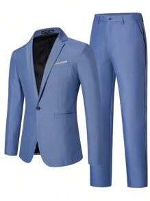 Manfinity Mode Men Single Button Blazer & Suit Pants, Men Suits Slim Fit, Baby Blue Men Outfit, Men Outerwear Co Ords