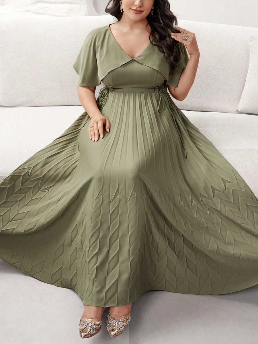 Modelyn Plus Size Women's Solid Color V-Neck Ruffled Short Sleeve Waist Tie Elegant Dress, Summer - Olive Green - View 1