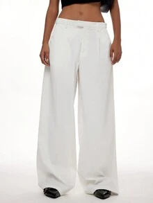 Forever 21 Fall & Winter Women's  White Wide Leg/Back To School/ Basic/ Oversized/Going Out/ Office/Straight Leg Style Pants - White - View 8