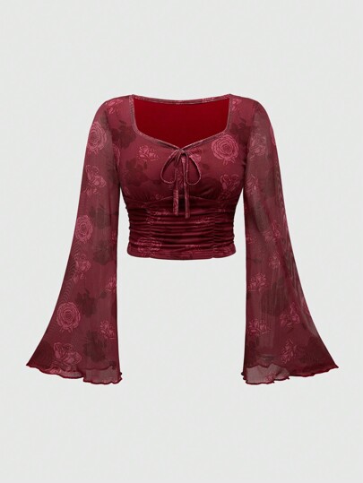 Fairycore T-shirt à manches cloche à volants noué devant, imprimé floral pour femmes printemps/été