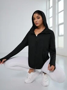 Easithlete 女士純色拉鍊連帽長袖日常健身運動外套 - 黑色 - 查看 3