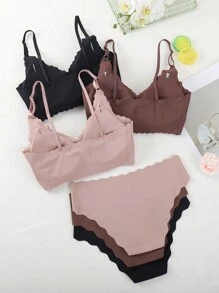 Conjunto de ropa interior de 6 piezas para mujer, cómodo y sin costuras con ribete festoneado, unicolor - Multicolor - Ver 2