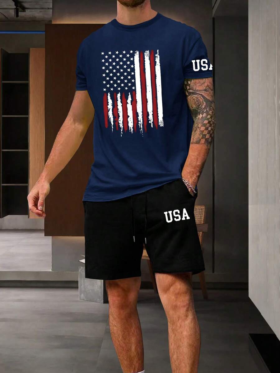 Manfinity Homme Bộ áo thun ngắn tay cổ tròn in cờ mùa hè có dây rút và quần short thắt lưng dành cho nam - Nhiều màu - Xem 1