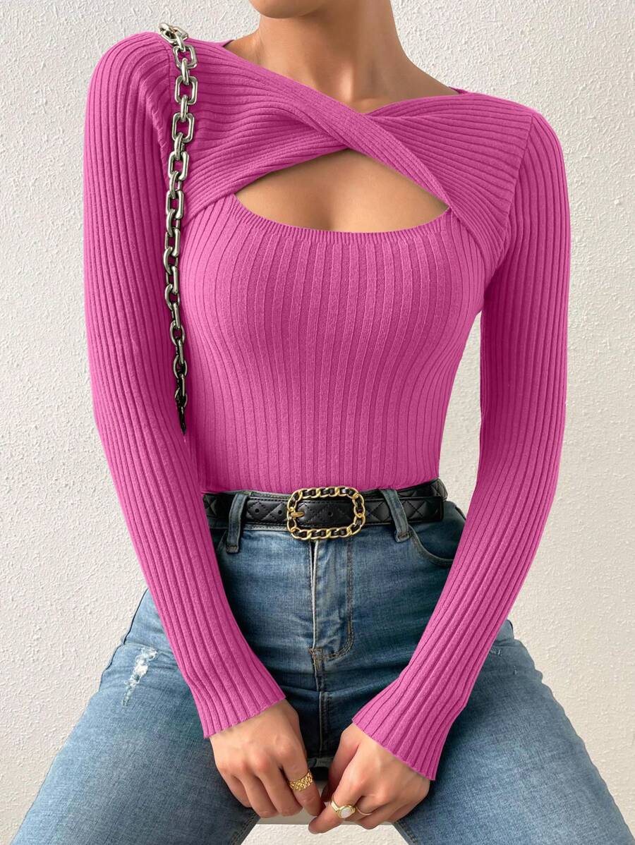 RosyDaze Solid Color Hollow-Out Twist Front Long Sleeve Sweater Pullover, Knit Pullover Fall Winter - Hot Pink - View 1
