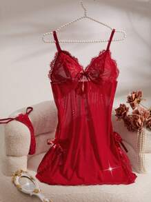 SHEIN 2 件套女士性感蕾丝撞色网眼无线内衣睡裙和丁字裤 - 酒紅色 - 查看 6