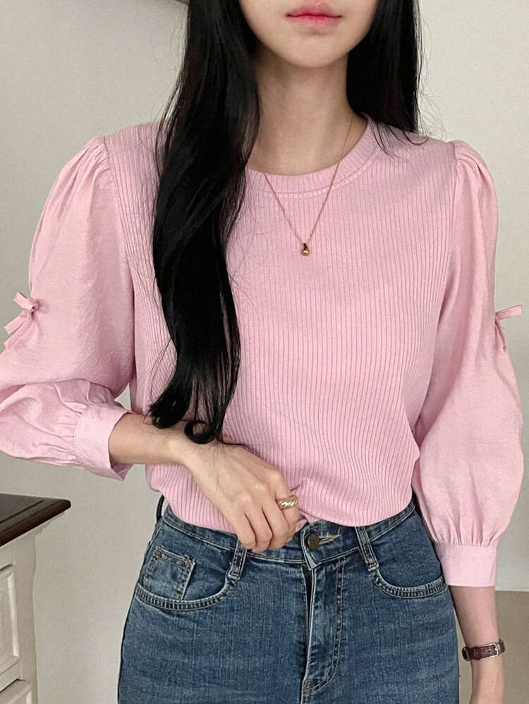 Women's Round Neck Long Sleeve Shirt With Tie Bow, Sweet And Gentle Girlfriend Blouse,Long Sleeve Tops