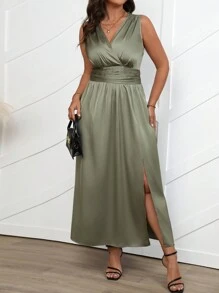 Celure Vestido casual para el verano de talla grande, de unicolor y sin mangas con cintura fruncida y aberturas laterales