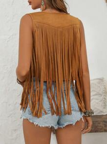 SHEIN VCAY Chaqueta sin mangas con flecos y tachuelas para mujer para otoño/invierno - Camel - Ver 2