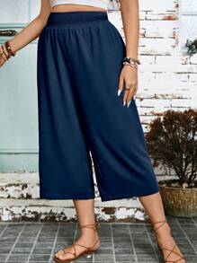 Breezaya Plus Size Solid Summer Wide Leg Vacation Casual Capris Pants
