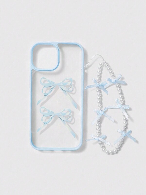 ROMWE Kawaii Sweet Girl 3D Bowknot Pendant Phone Case With Blue Border, Simple Phone Case Compatible With IPhone 12, 13, 14 Series And Other Phone Cases