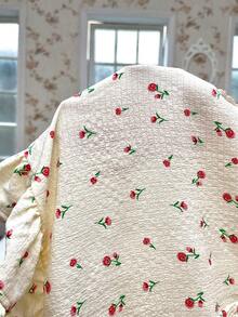 對比色花朵蕾絲鑲嵌玫瑰印花泡泡紗短袖上衣和褲裝睡衣套組 - 杏色 - 查看 7