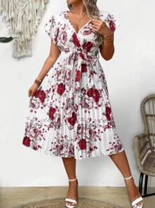 SHEIN Clasi Gaun Kasual Musim Panas Ukuran Besar dengan Motif Bunga, Hem Bergelombang, dan Hiasan Rumbai - Red and White - View 7