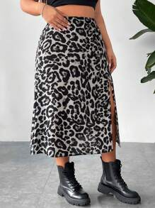 SHEIN PETITE CURVE 大码女式豹纹松紧腰开衩裙狂欢节服装 - 彩色 - 查看 7
