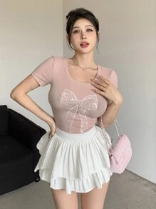 DAZY Women's Valentine's Pink Bow Decor Short Sleeve Tee Cute Tops