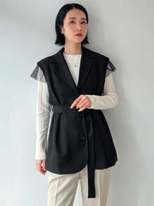 FRIFUL Women's Summer Casual Solid Color Mesh Spliced Suit Jacket Women Blazers - Black - View 9