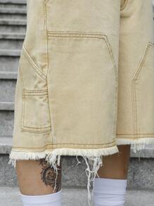 Manfinity Roghcode Herren Einfarbige Denim Shorts mit ausgefranstem Saum und Taschen für den Sommer Ausgehen, einfache Denim Jorts, weite Denim Shorts, als Geschenk für Ehemann, Freund