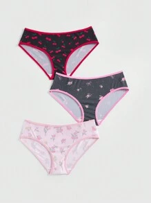 ROMWE Kawaii 3pcs Sweetheart Butterfly Cherry Blossom Floral Print Ice Silk Triangle Panties Set - Multicolor - View 1