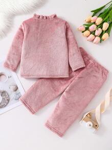 Baby Girls' Simple Pink Flannel Plush Long Sleeve And Pants Set, Casual & Comfortable Home Clothing - Pink - View 2