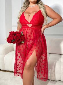 Pearl Chain Decorated Heart-Shaped Lace Plus Size Sexy Camisole Sleeping Dress - Burgundy - View 1