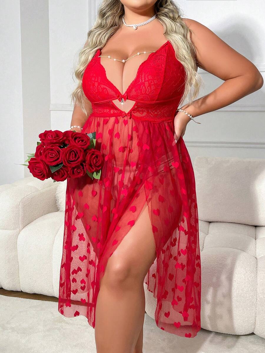 Pearl Chain Decorated Heart-Shaped Lace Plus Size Sexy Camisole Sleeping Dress - Burgundy - View 1