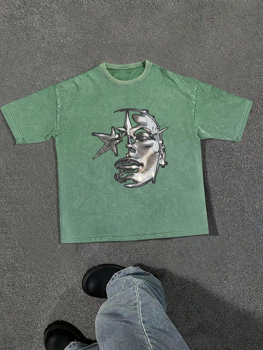 Manfinity EMRG 男士寬鬆版標語和天使印花放肩T恤 - 綠色 - 查看 1