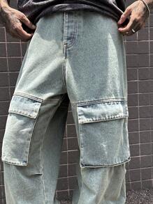 Manfinity EMRG Y2K復古街頭風格寬鬆男款牛仔褲，多口袋牛仔工作褲，重度磨損效果 - 水鴨藍 - 查看 3