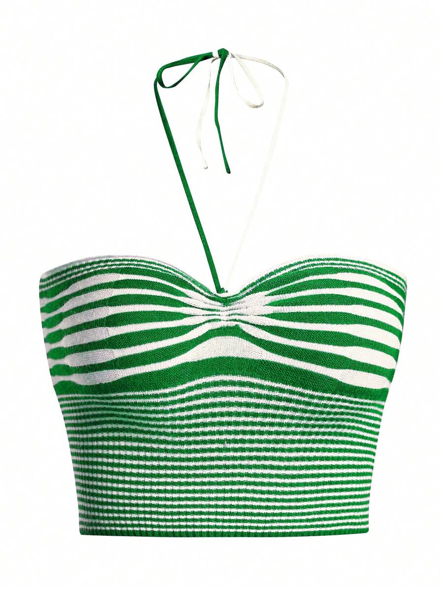 SHEIN Unity Áo dệt kim cổ yếm sọc ngang thông thường dành cho nữ cho mùa hè - màu xanh lá - Xem 1