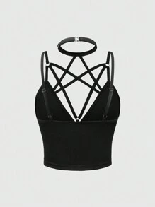 ROMWE Goth Women's Sexy Summer Solid Color Halter Halter Tank Top - Black - View 2